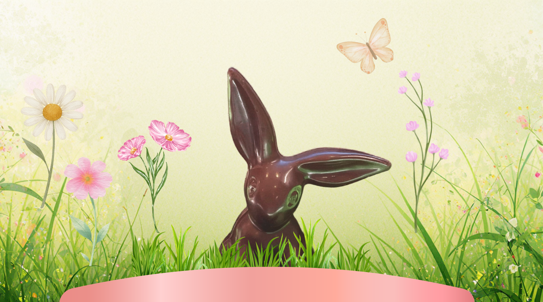 Chocolate rabbit in a grassy field with flowers and a butterfly